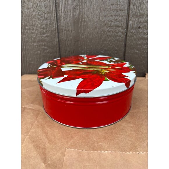 Vintage Red Holiday Tin With Poinsettias & Candle 8" D Winter Christmas - Picture 3 of 8